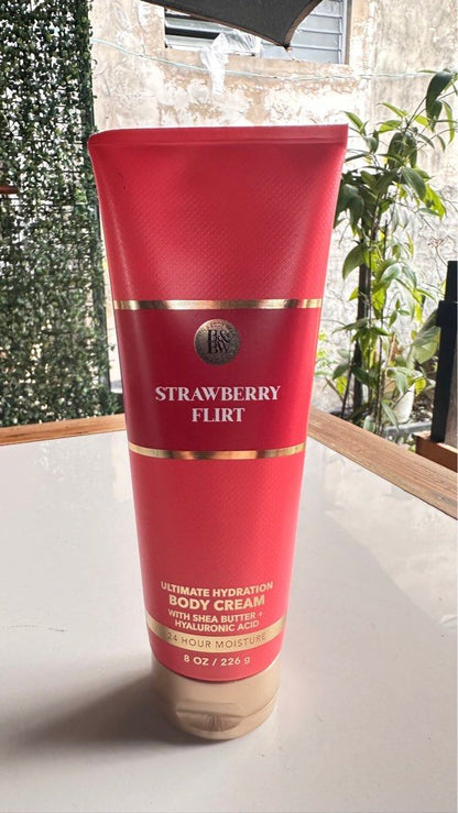 Bath & Body Works Strawberry Flirt Hydrating Body Cream 226g - styled product shot