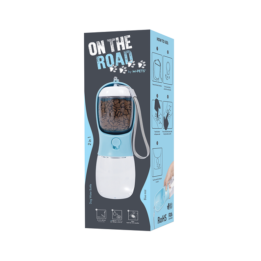 M-PETS On The Road 2in1 Water Bottle 300ml Blue - pack detail and label