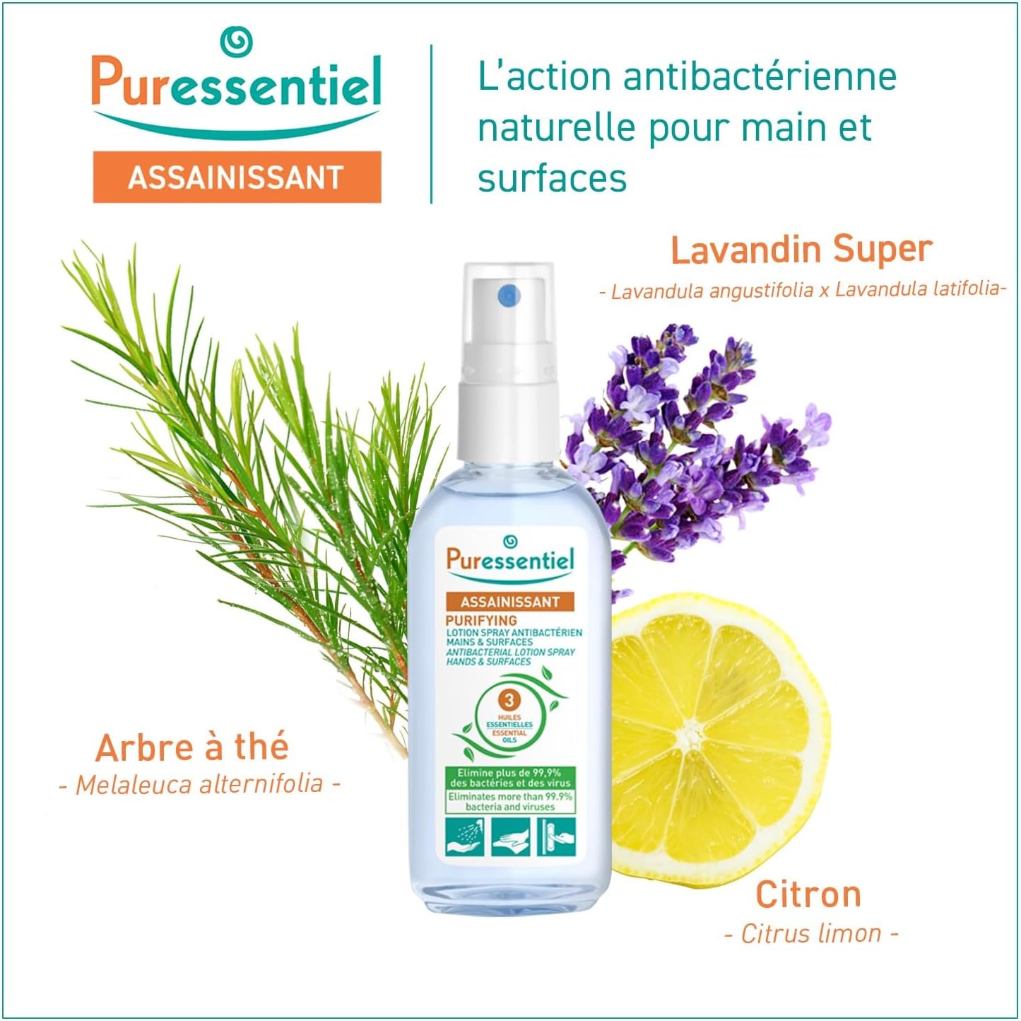Puressentiel Antibacterial Lotion Spray 2.7 oz — 3 Essential Oils, Disinfects Hands & Surfaces 99.9%