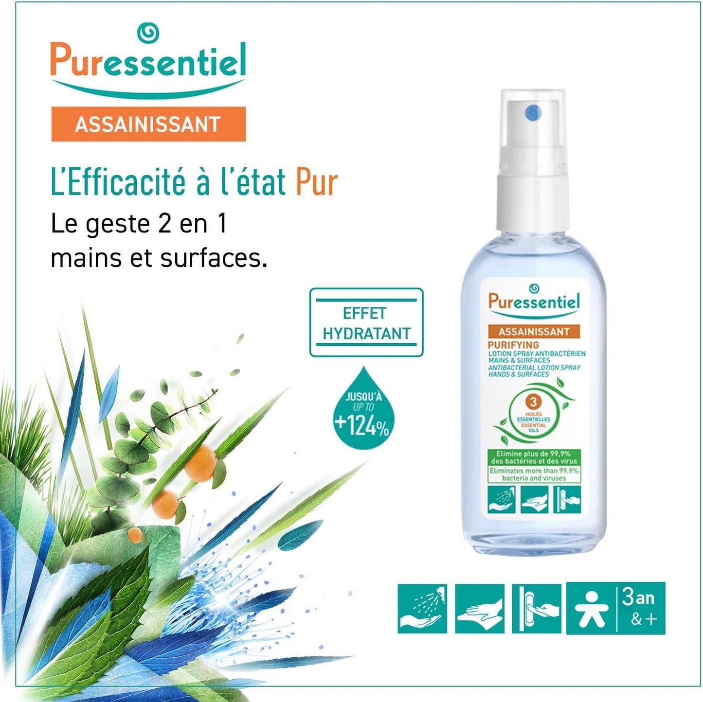 Puressentiel Antibacterial Lotion Spray 2.7 oz — 3 Essential Oils, Disinfects Hands & Surfaces 99.9%