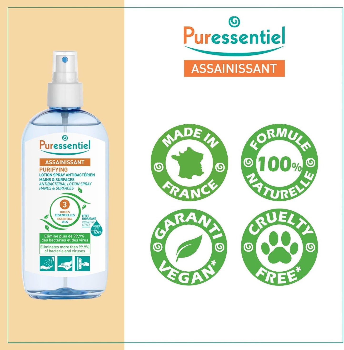 Puressentiel Antibacterial Lotion Spray 2.7 oz — 3 Essential Oils, Disinfects Hands & Surfaces 99.9%
