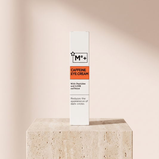 Me Caffeine Brightening Under Eye Cream Illuminating 15ml styled on travertine pedestal, blush studio
