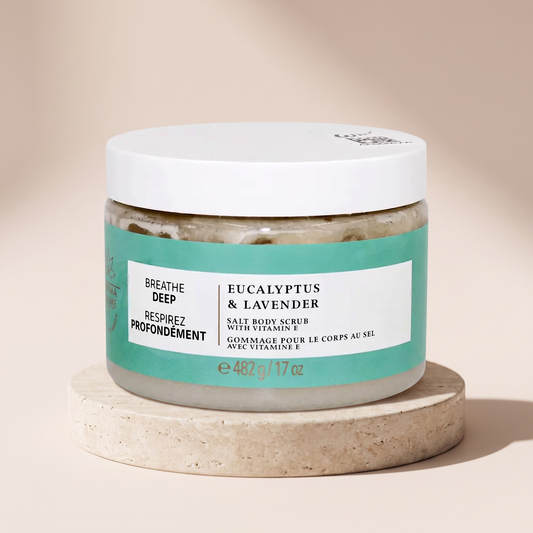 Bath and Body Works Breathe Deep Salt Body Scrub 17 oz styled on travertine pedestal, blush studio