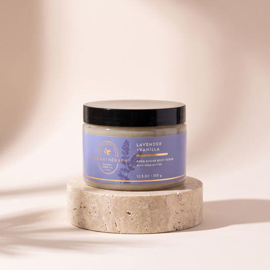 Bath and Body Works Lavender Vanilla Body Scrub 12.5 oz styled on travertine pedestal, blush studio