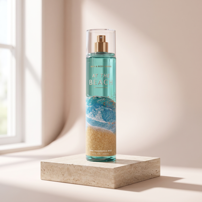 Bath and Body Works At The Beach Fine Fragrance Mist 236 ml styled on travertine pedestal, blush studio