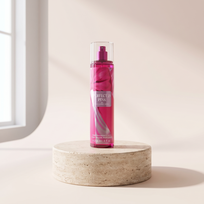 Bath and Body Works Perfect in Pink Fine Fragrance Mist 236 ml styled on travertine pedestal, blush studio