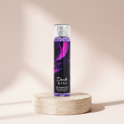 Bath and Body Works Dark Kiss Fine Fragrance Mist 236 ml styled on travertine pedestal, blush studio