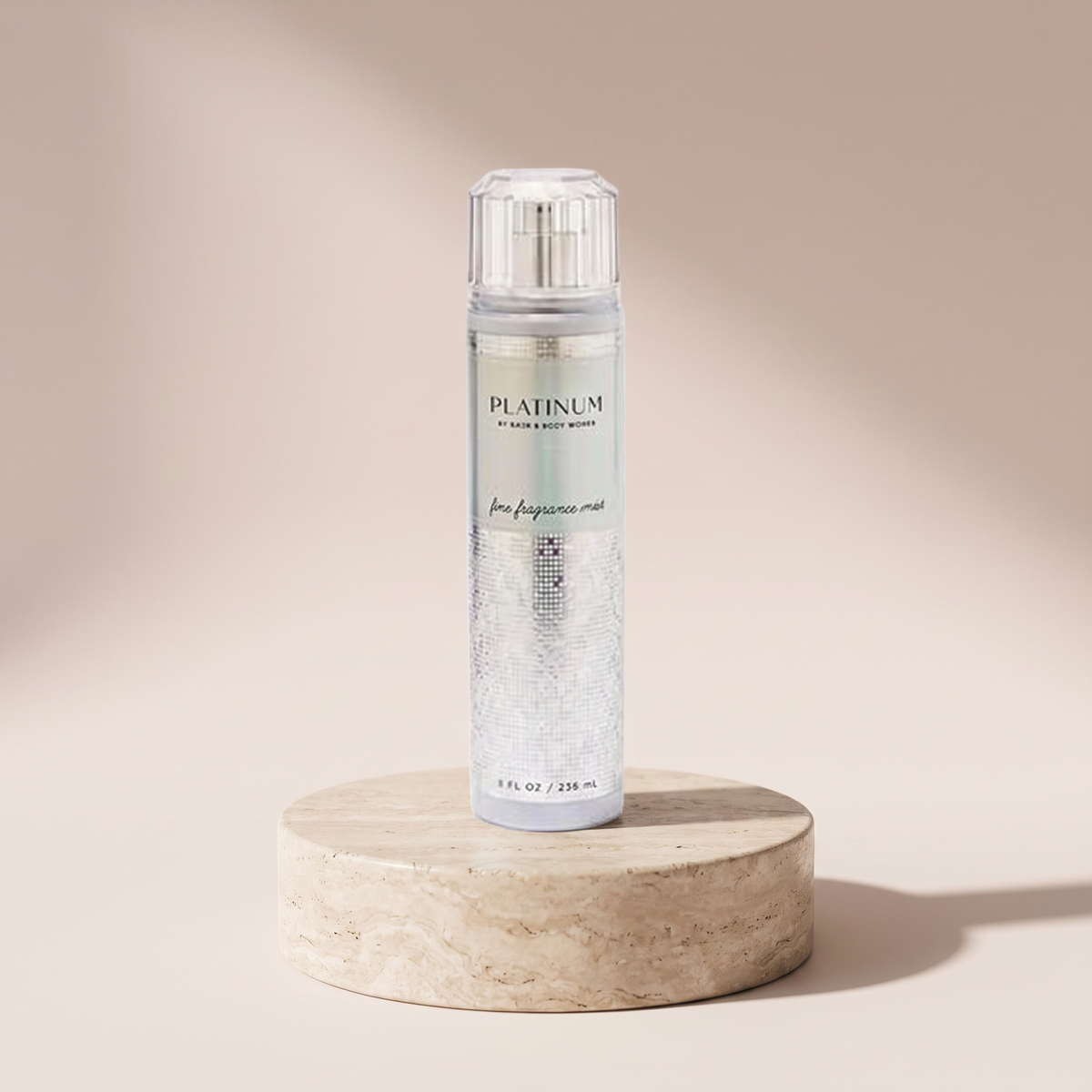 Bath and Body Works Platinum Fine Body Fragrance Mist 236 ml styled on travertine pedestal, blush studio