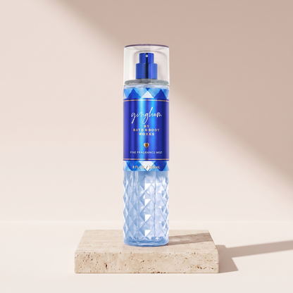 Bath and Body Works Gingham Fine Fragrance Mist 236 ml styled on travertine pedestal, blush studio