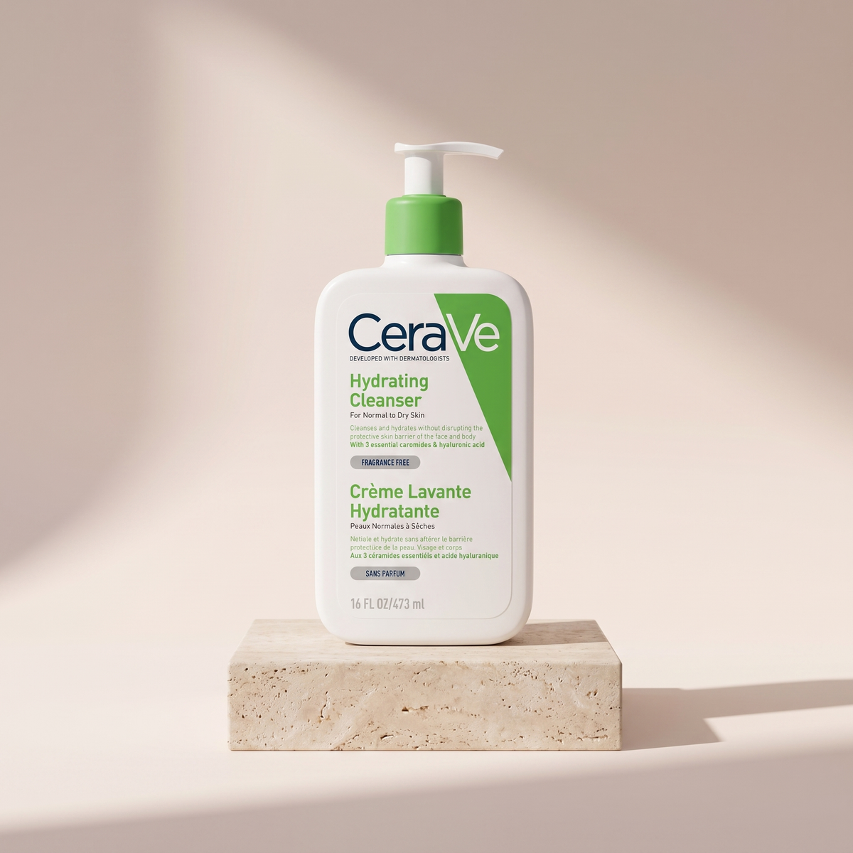 CeraVe Hydrating Cleanser for Normal to Dry Skin styled on travertine pedestal, blush studio