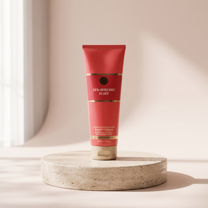 Strawberry Flirt Hydrating Body Cream Bath and Body Works styled on travertine pedestal, blush studio