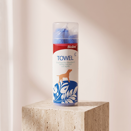 Bioline Highly Absorbent Pet Bath Towel quick dry styled on travertine pedestal, blush studio