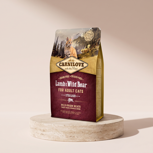 Carnilove Lamb and Wild Boar Dry Food for Adult Cats 2 kg styled on travertine pedestal, blush studio