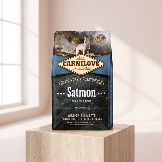 Carnilove Salmon Dry Food for Adult Dogs 1.5 kg styled on travertine pedestal, blush studio