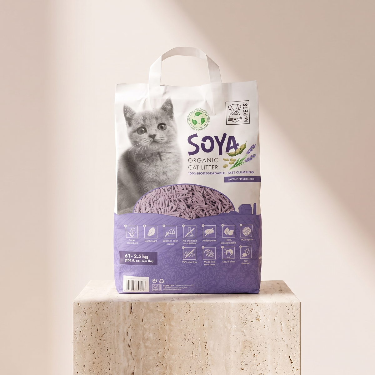 M-Pets Soya Organic Cat Litter Lavender Scented 6 L styled on travertine pedestal, blush studio