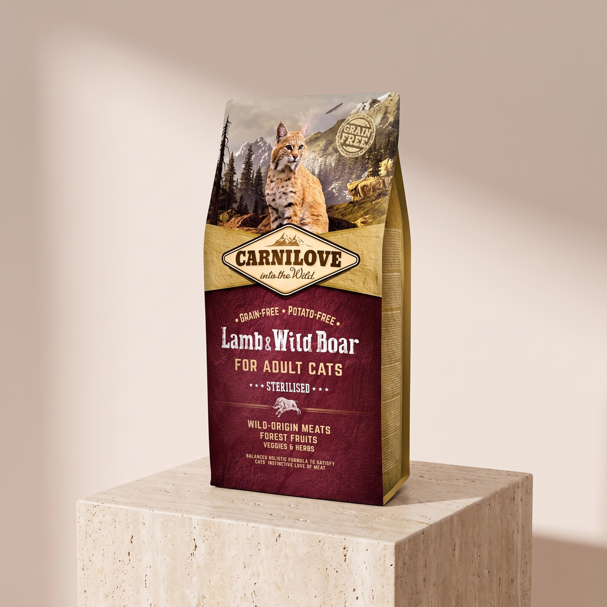 Carnilove Lamb and Wild Boar Dry Food for Adult Cats 6 kg styled on travertine pedestal, blush studio