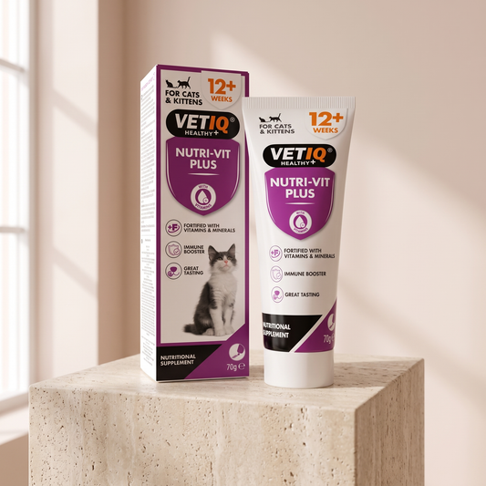 VETIQ NutriVit Plus multivitamin paste styled on travertine pedestal, blush studio