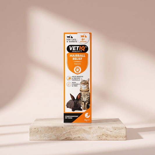 VETIQ Hairball Relief Paste for cats 70 g styled on travertine pedestal, blush studio