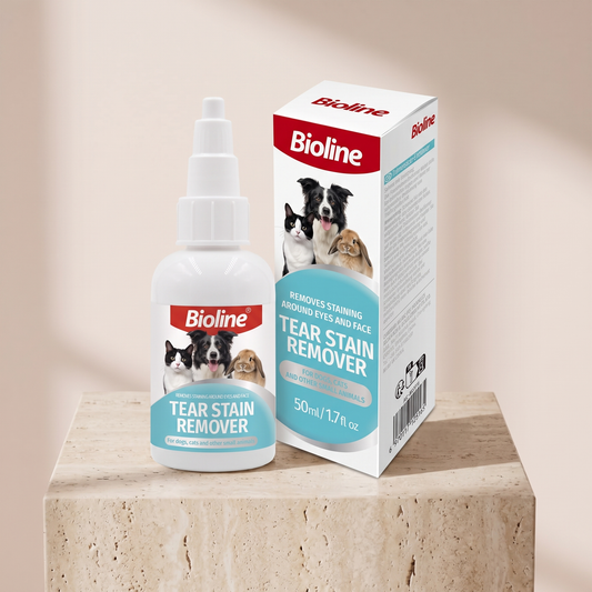 Bioline Tear Stain Remover eye care for dogs and cats styled on travertine pedestal, blush studio