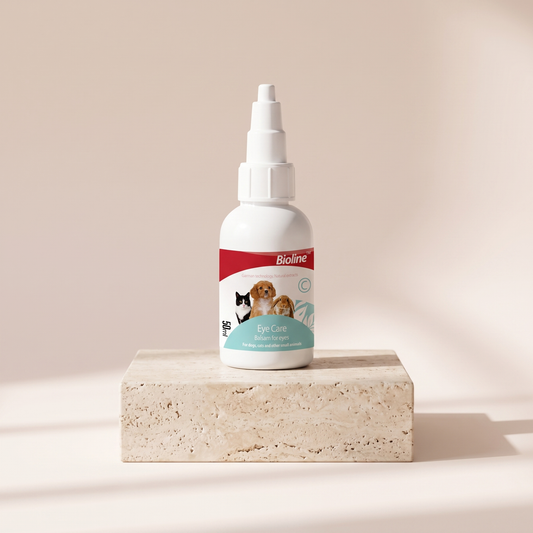 Bioline Eye Care Balsam for dogs and cats styled on travertine pedestal, blush studio