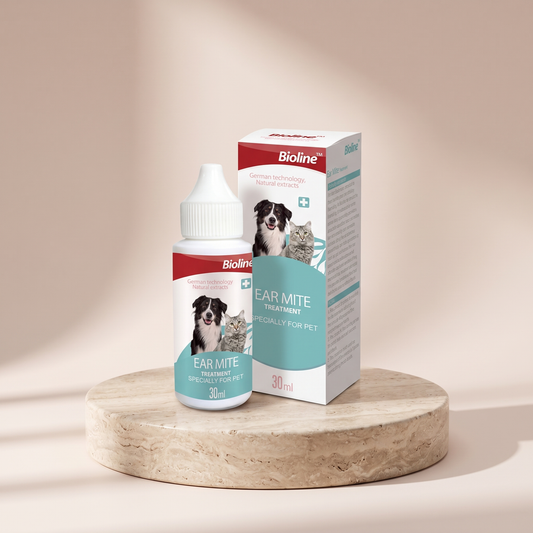 Bioline Ear Care soothing ear solution for pets styled on travertine pedestal, blush studio
