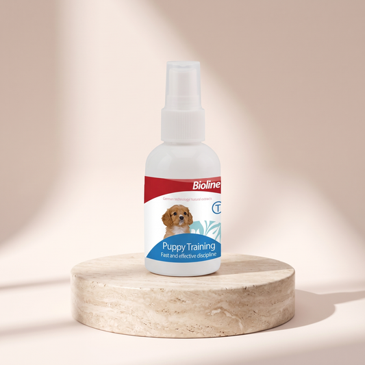 Bioline Pet Training Spray for puppies styled on travertine pedestal, blush studio