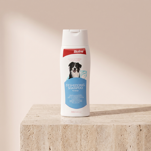 Bioline De-Shedding Shampoo for dogs styled on travertine pedestal, blush studio