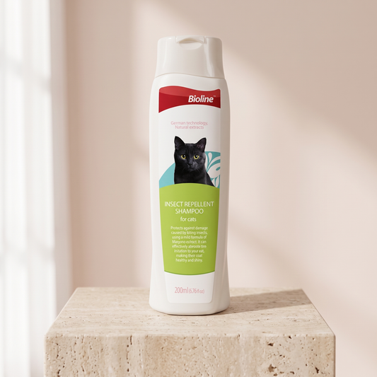 Bioline Cat Shampoo with margosa styled on travertine pedestal, blush studio