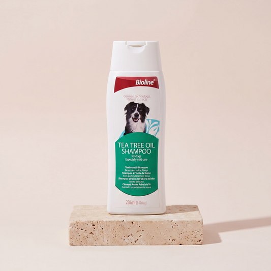 Bioline Tea Tree Oil Dog Shampoo styled on travertine pedestal, blush studio