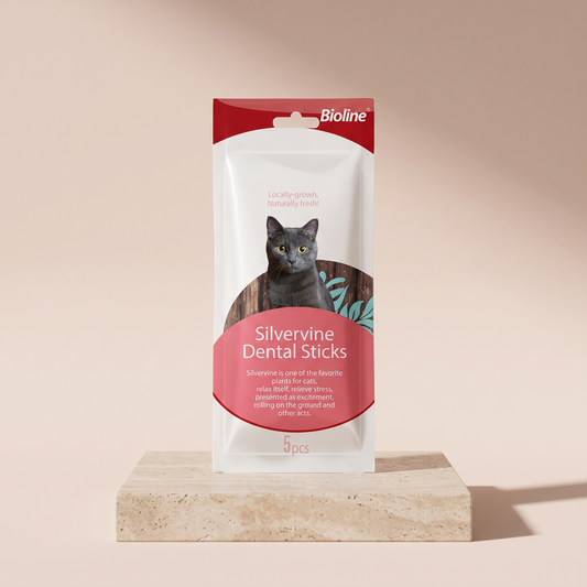 Bioline Catnip Dental Sticks for cats styled on travertine pedestal, blush studio