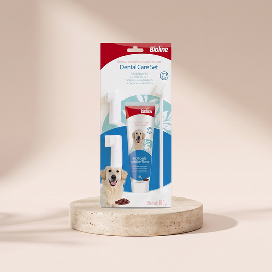 Bioline Dental Care Set for pets styled on travertine pedestal, blush studio