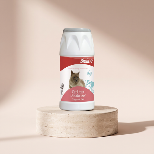 Bioline Cat Litter Deodorizer natural and eco friendly styled on travertine pedestal, blush studio