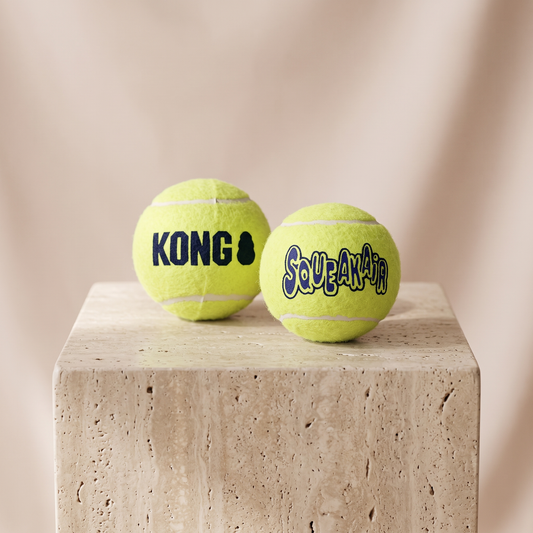 KONG SqueakAir Ball large fetch toy styled on travertine pedestal, blush studio
