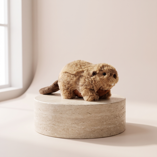 KONG Refillables Beaver plush cat toy styled on travertine pedestal, blush studio